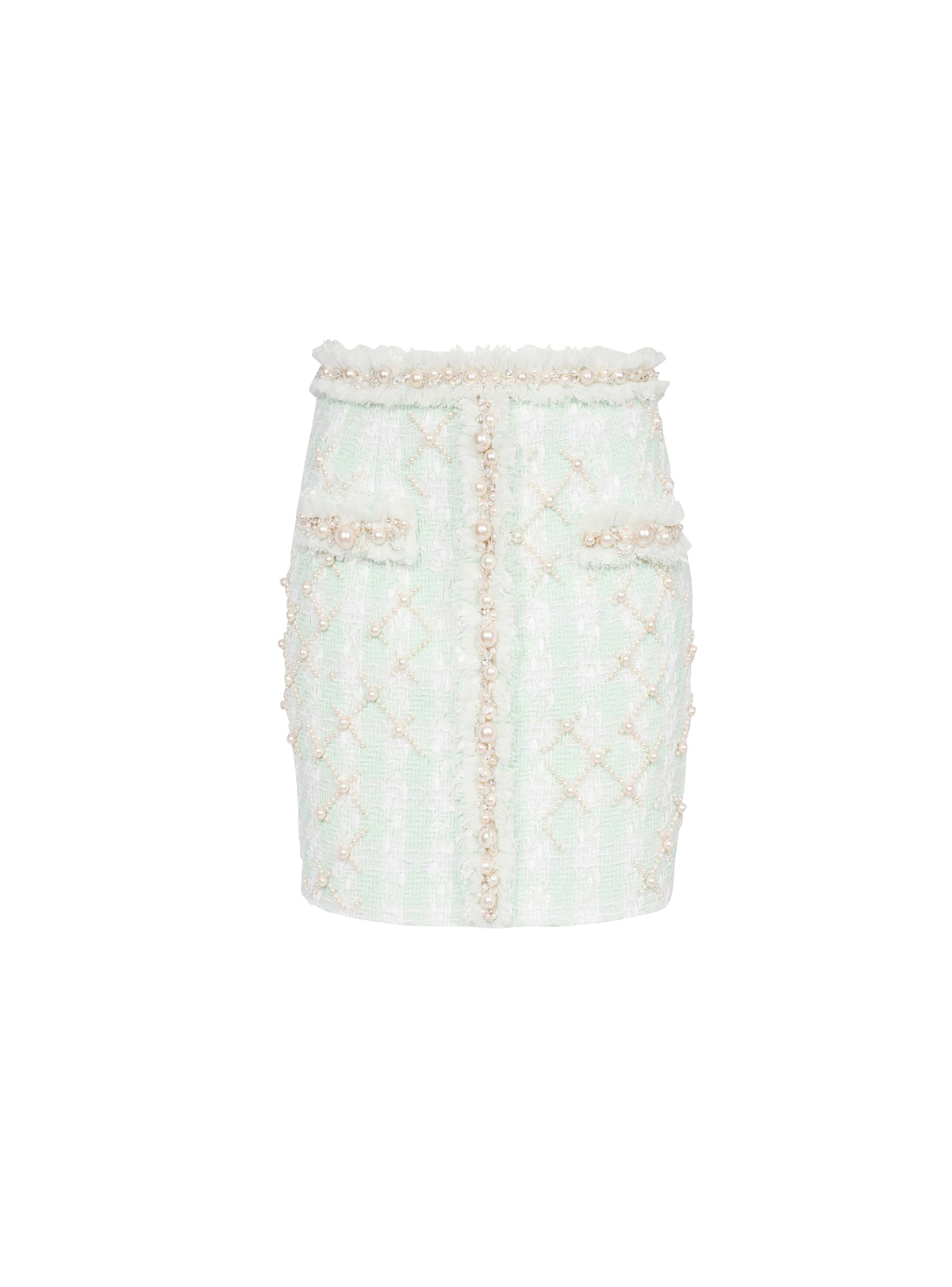 Jupe courte en tweed avec broderies - Blanc & Vert Pâle