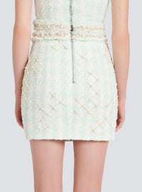 Jupe courte en tweed avec broderies - Blanc & Vert Pâle