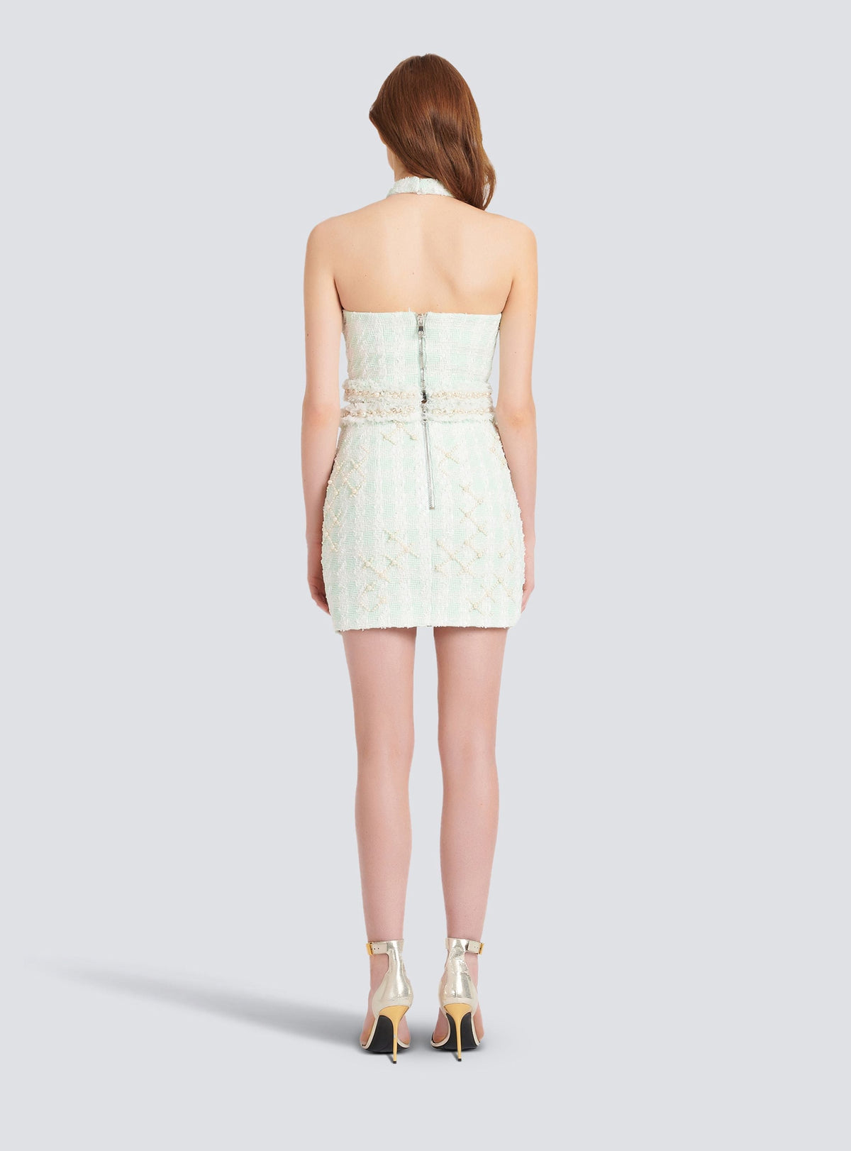 Jupe courte en tweed avec broderies - Blanc & Vert Pâle