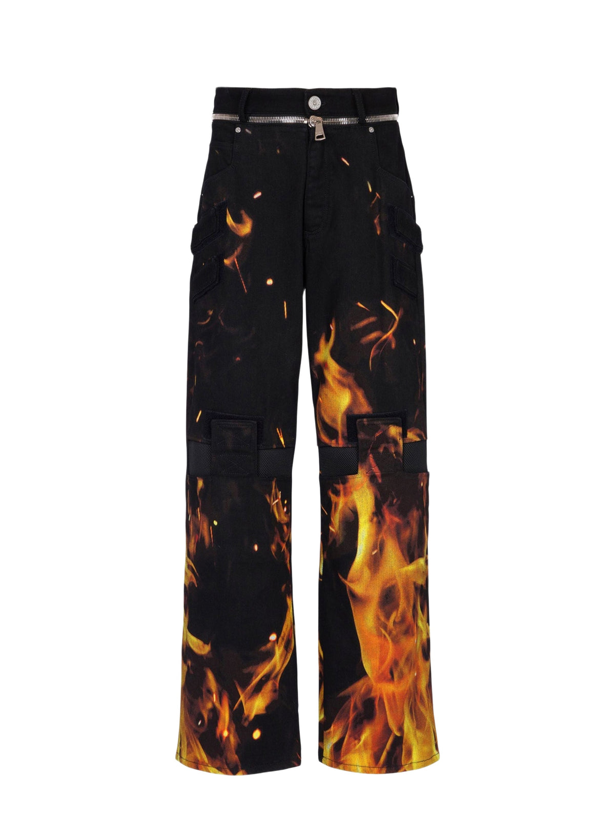Fire print denim trousers - Black & Bright Yellow & Bright Orange