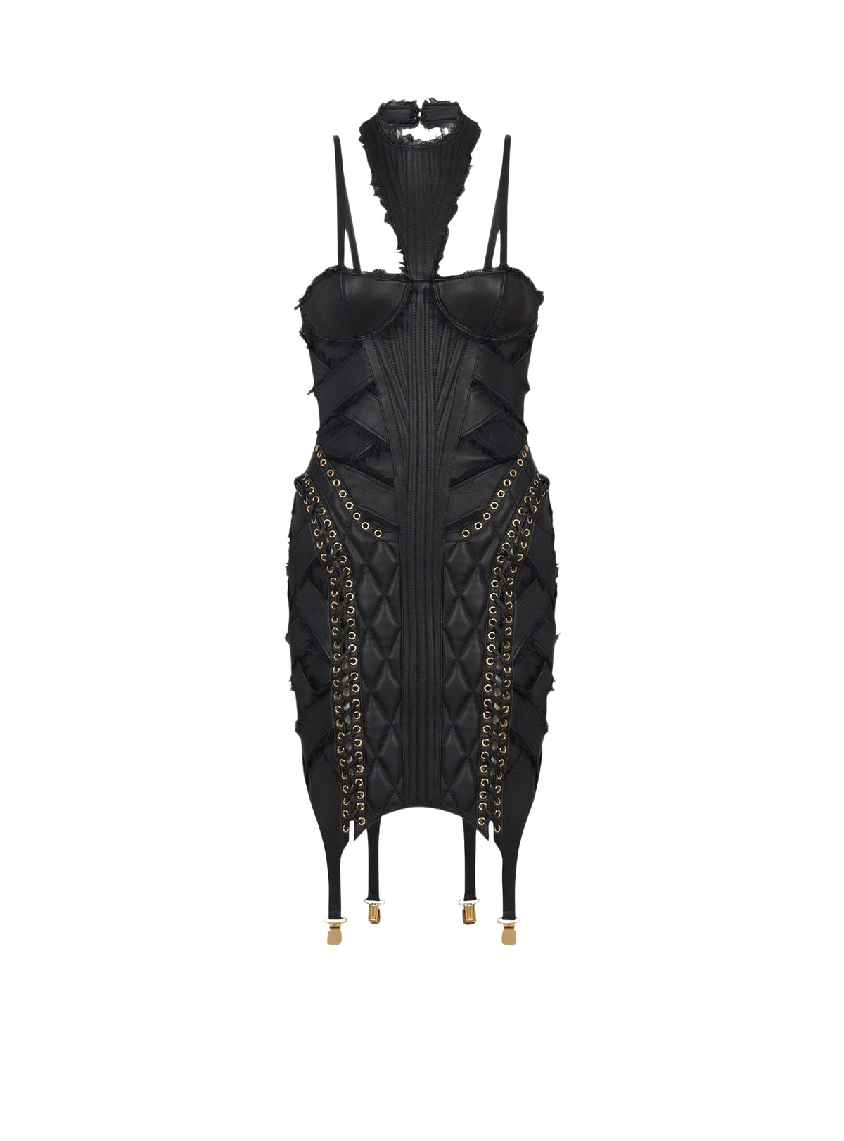 Robe courte jarretière lacée en cuir - Noir