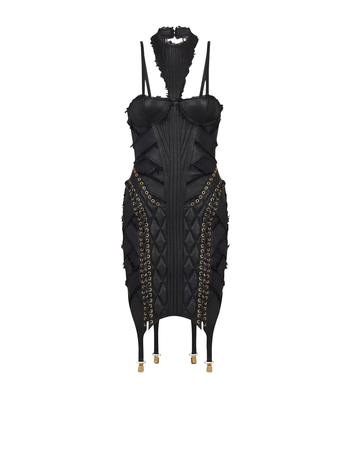 Robe courte jarretière lacée en cuir - Noir