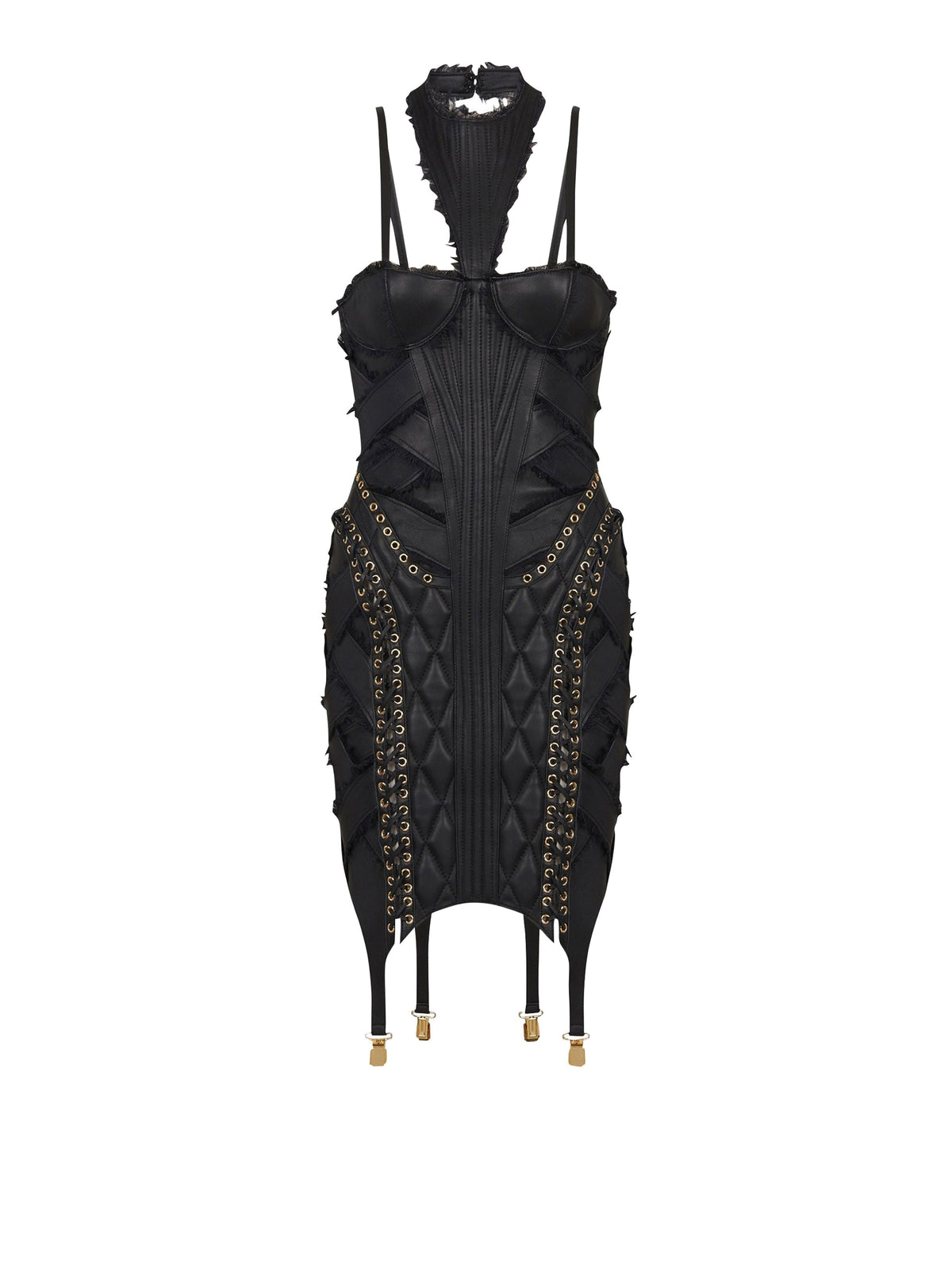 Robe courte jarretière lacée en cuir - Noir