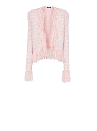 Veste en tweed frangé perlé à col et manches courtes - Rose Clair