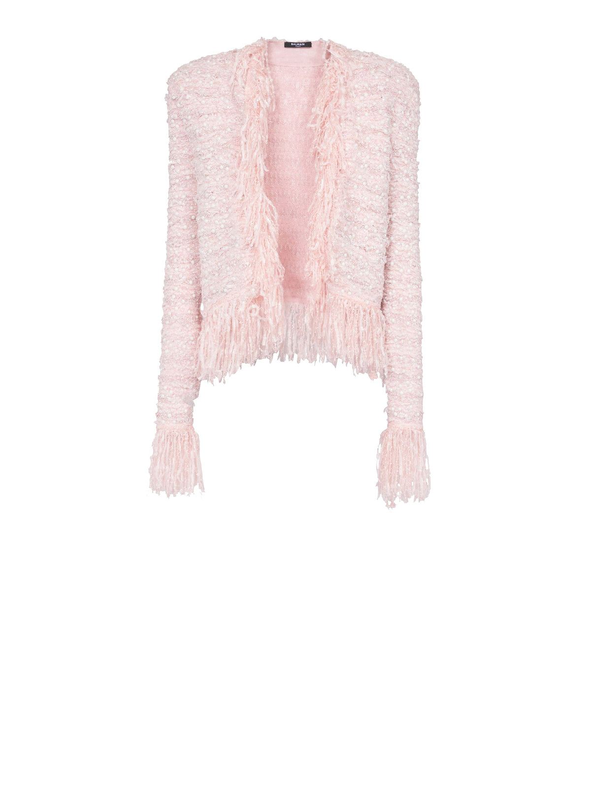 Veste en tweed frangé perlé à col et manches courtes - Rose Clair