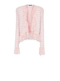 Veste en tweed frangé perlé à col et manches courtes - Rose Clair
