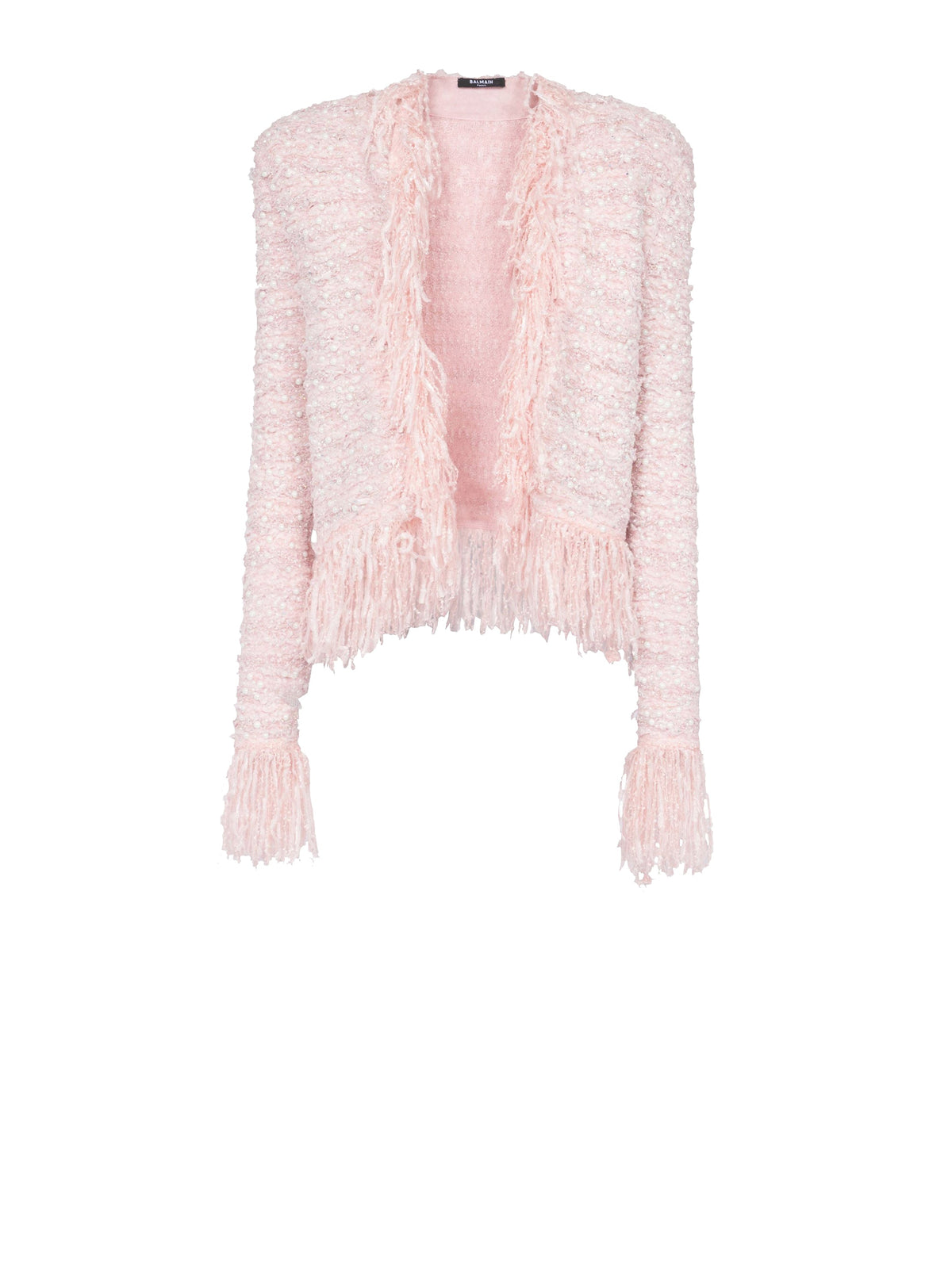 Veste en tweed frangé perlé à col et manches courtes - Rose Clair