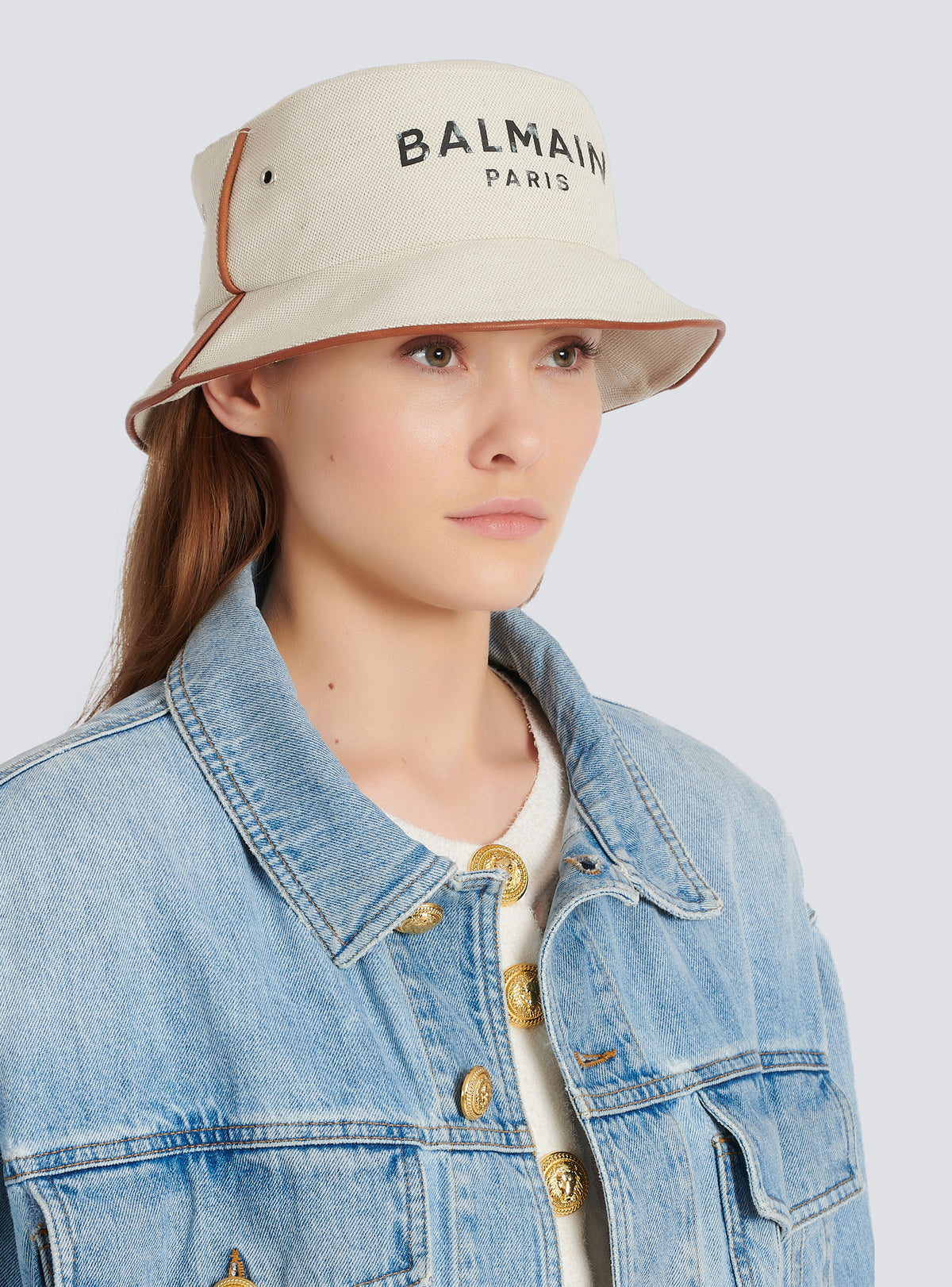 Chapeau bob b-army en coton et cuir avec logo balmain - Naturel & Marron