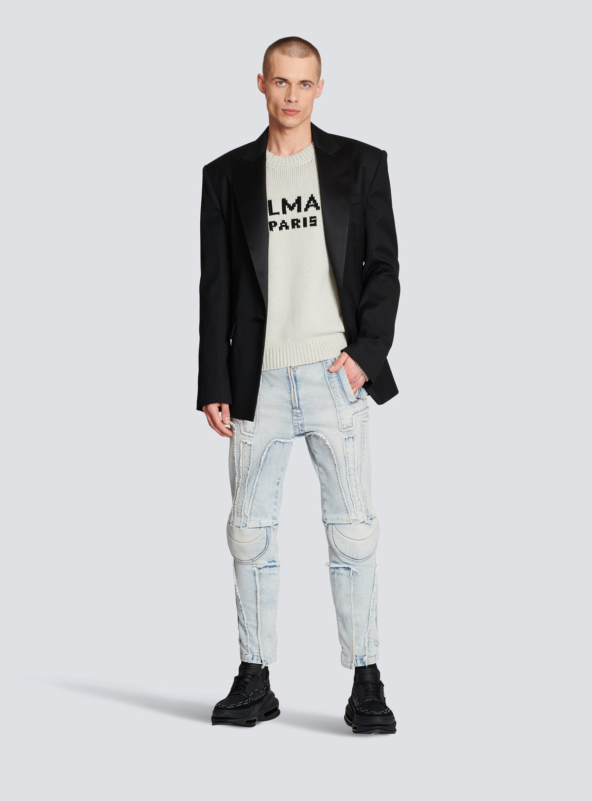 Pull en laine à logo balmain paris - Gris