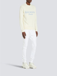 Pull en laine mérinos à logo Balmain paris - Blanc & Bleu Pâle