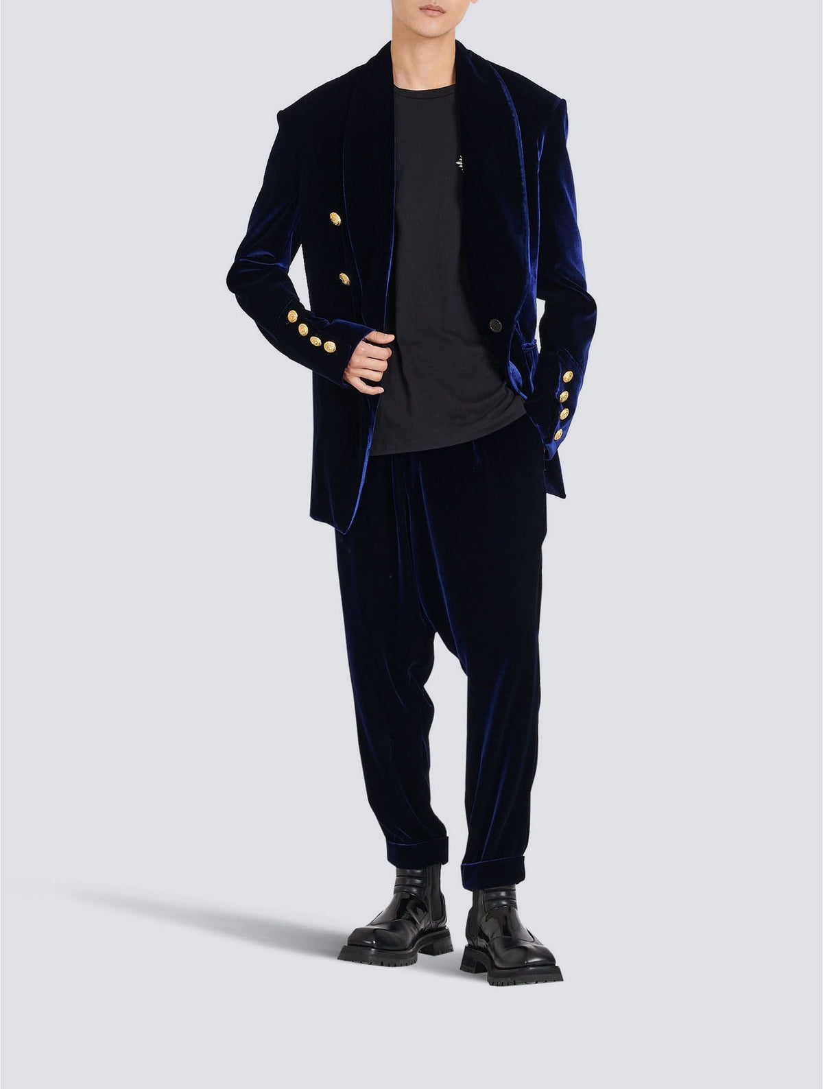 Pantalon bas en velours à l'entrejambe - Bleu Marine