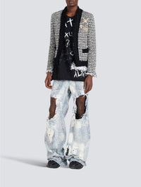 Veste blazer en tweed pied-de-poule brodée - Noir & Blanc