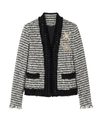 Veste blazer pied-de-poule brodée en tweed - Noir & Blanc