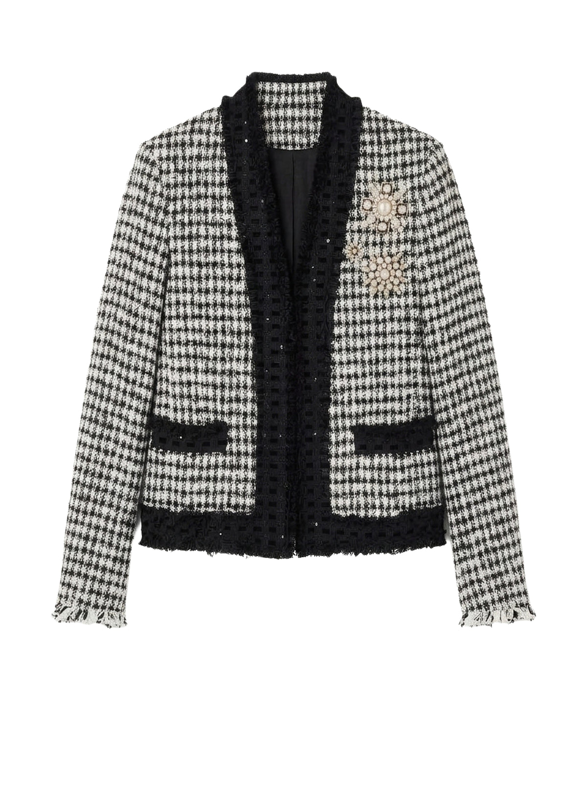 Veste blazer pied-de-poule brodée en tweed - Noir & Blanc