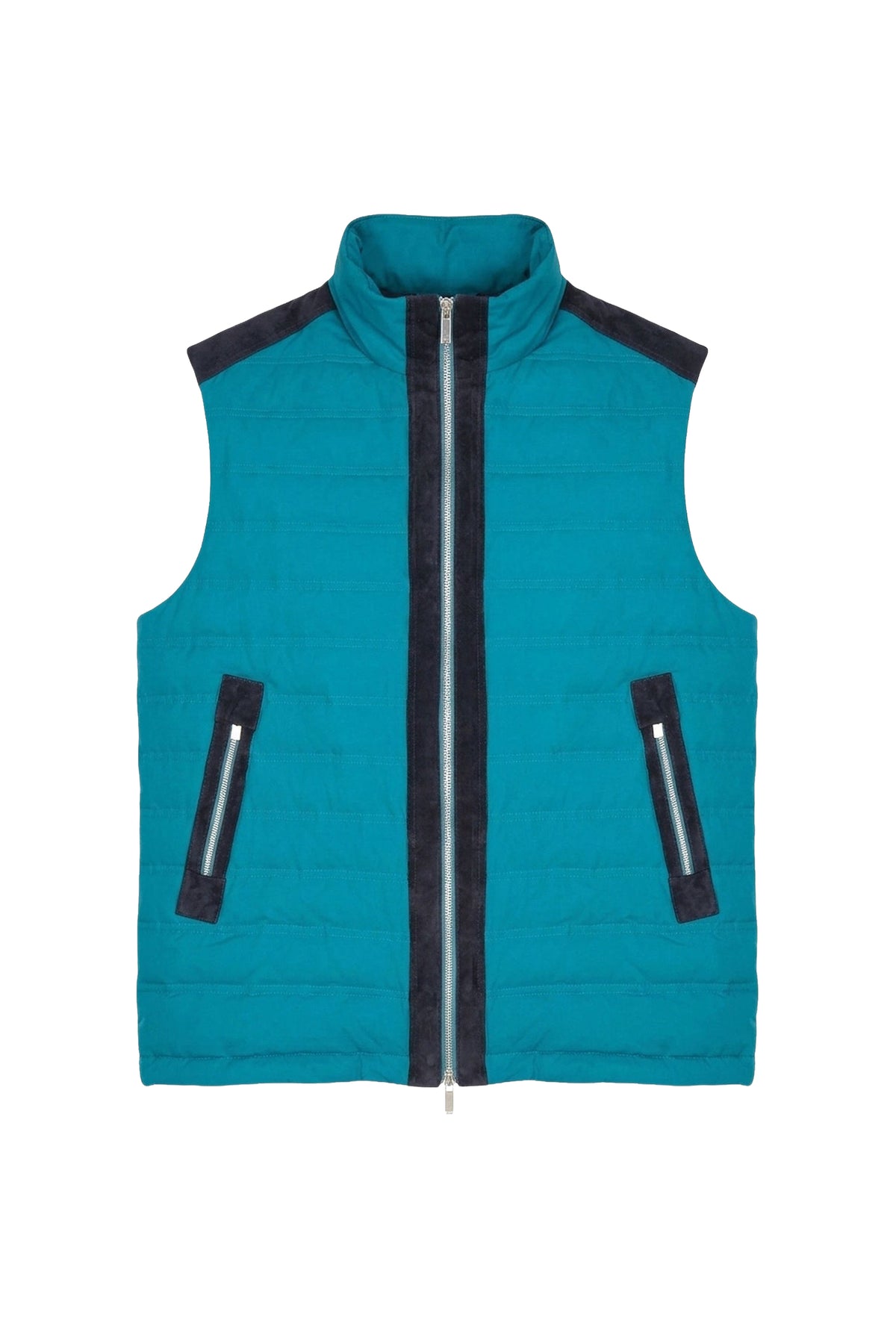 Sleeveless silk waistcoat with leather detailing - Peacock