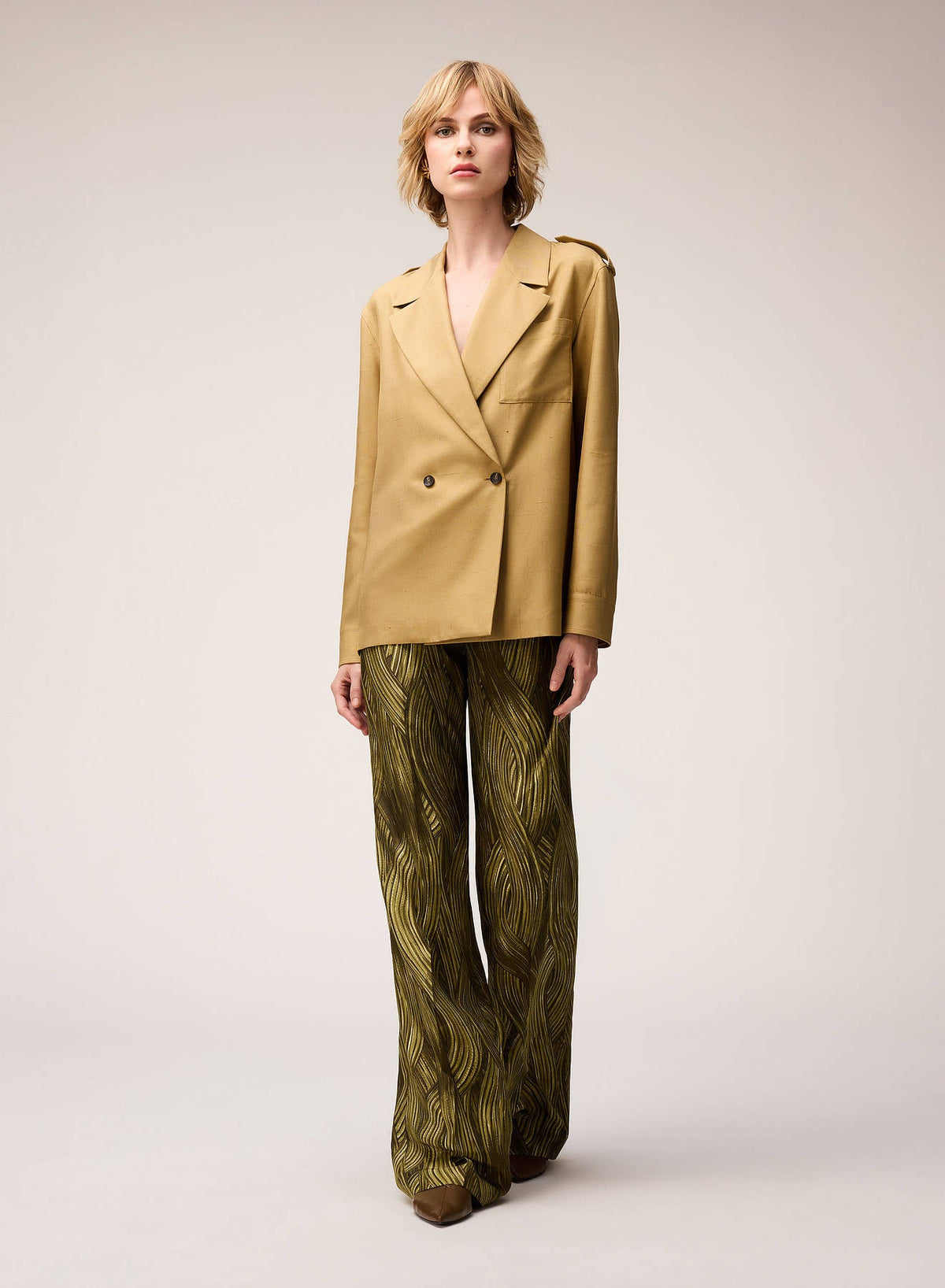 OLIVE GREEN PRINTED SILK PANTS