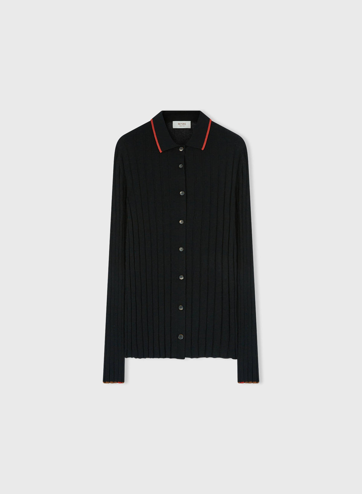 BLACK + RED AND CAMEL CASHMERE RIBBED CARDIGAN