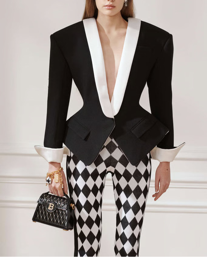 Wool jacket with satin collar - White & Black
