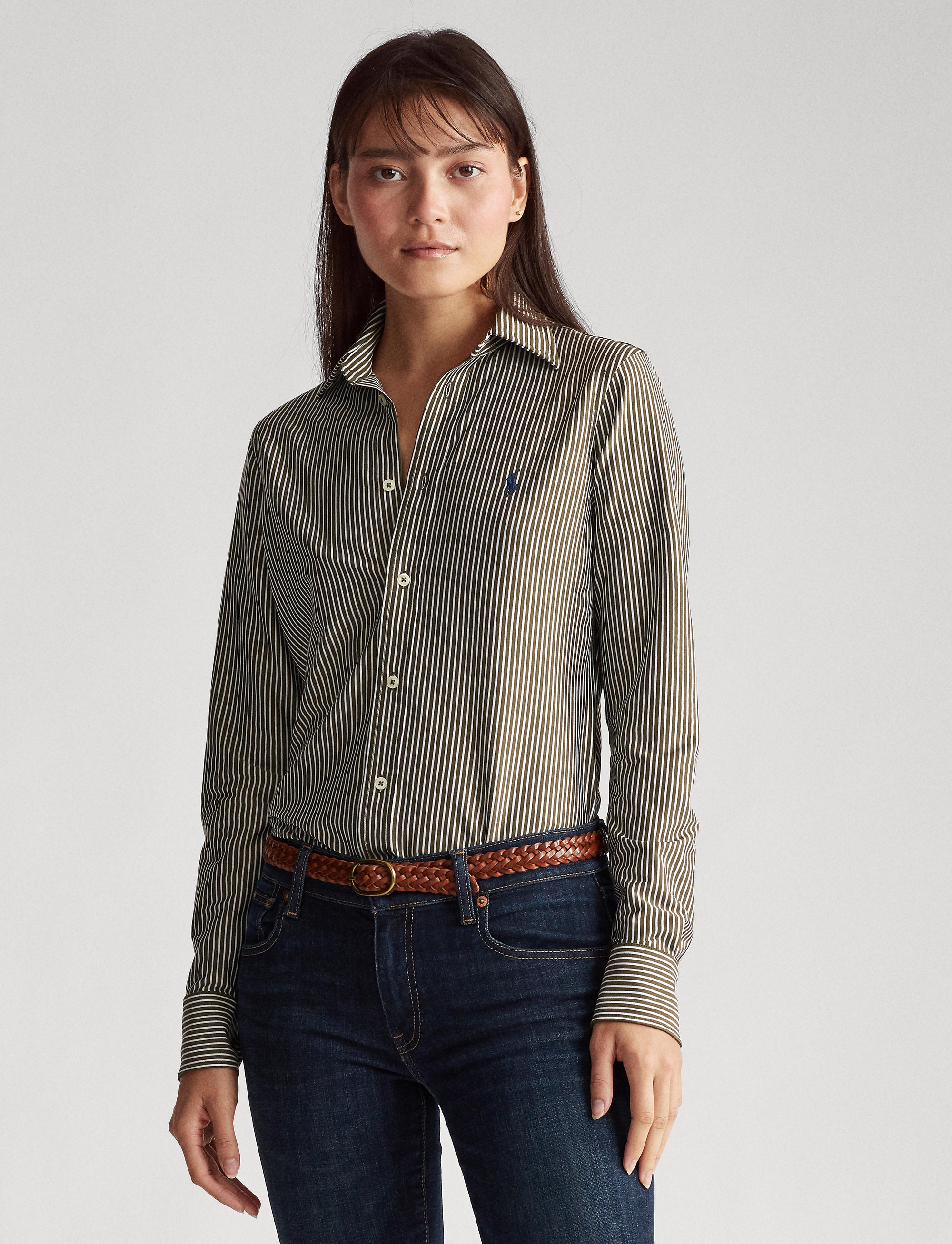Chemise rayée à manches longues - Expedition Olive & White