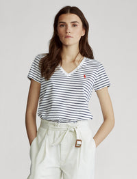 T-shirt rayé col en V en coton - White & Newport Navy