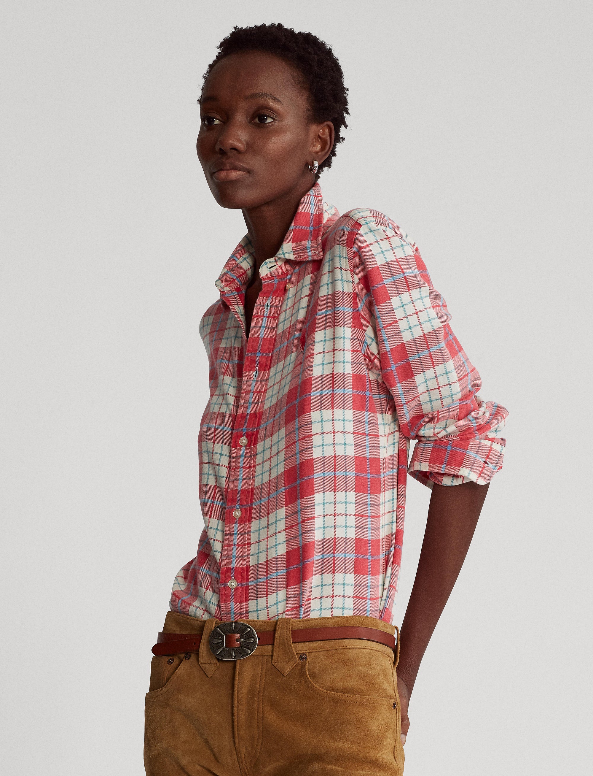 Tartan cotton twill shirt - Faded Red & Cream Plaid