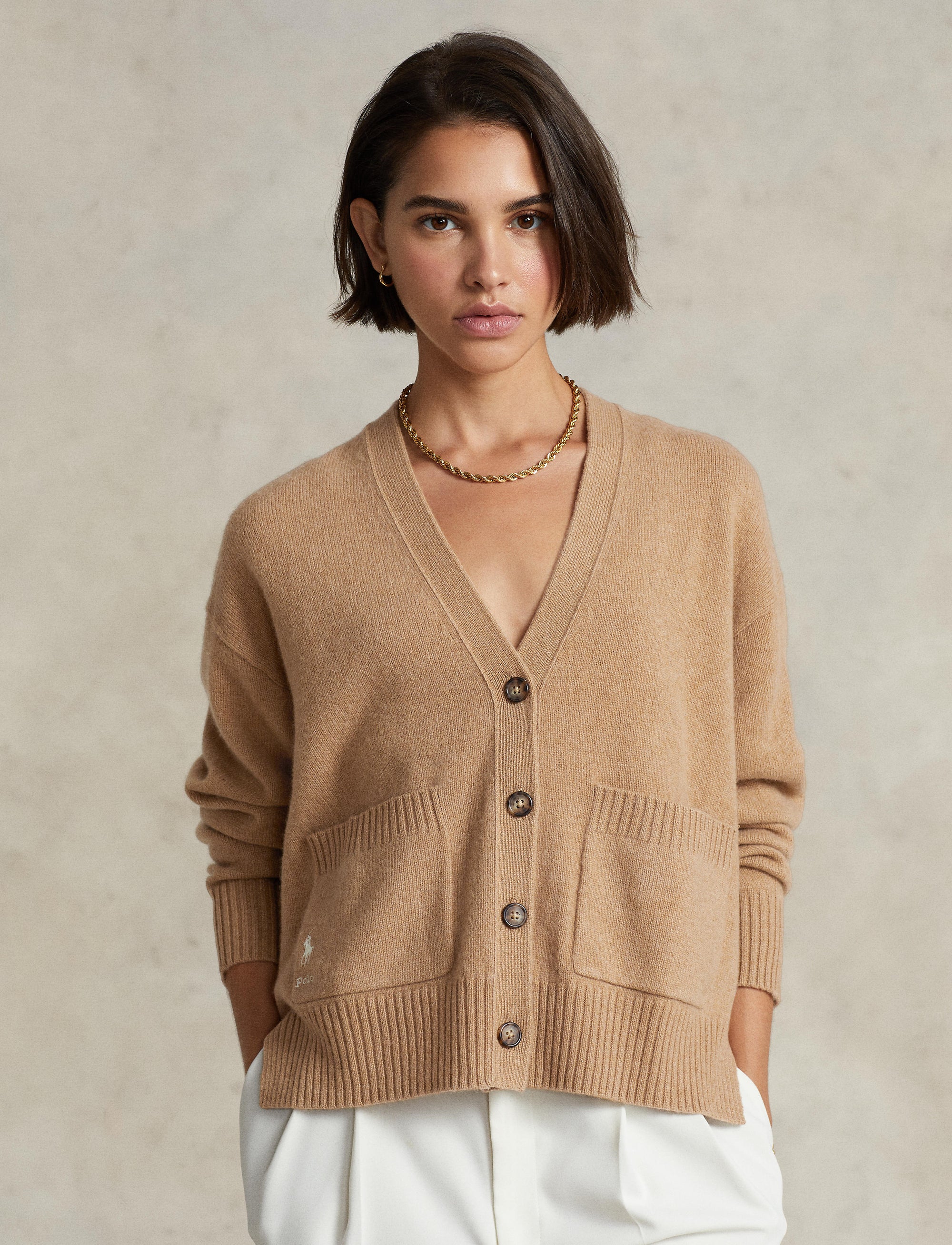 Cardigan jumper in wool blend - Camel Melange Collection