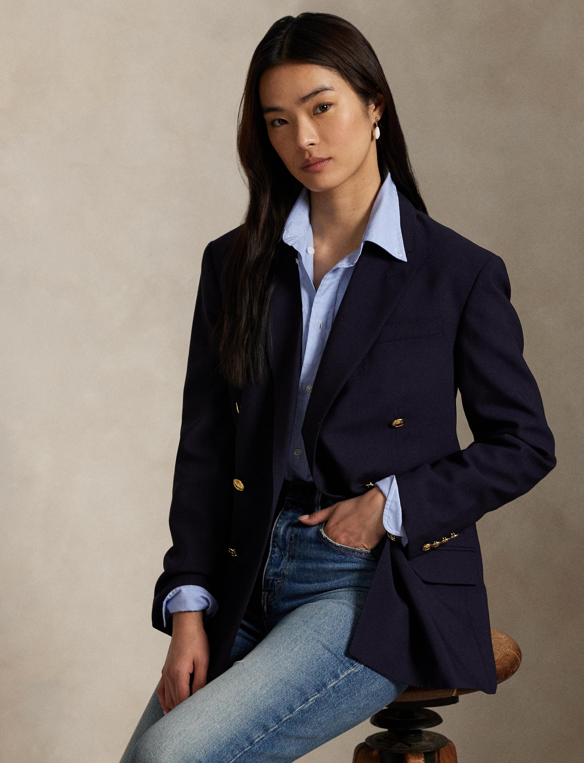 Blazer croisé en laine mélangée - Navy
