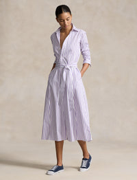 Belted cotton striped shirt-dress - White & Purple