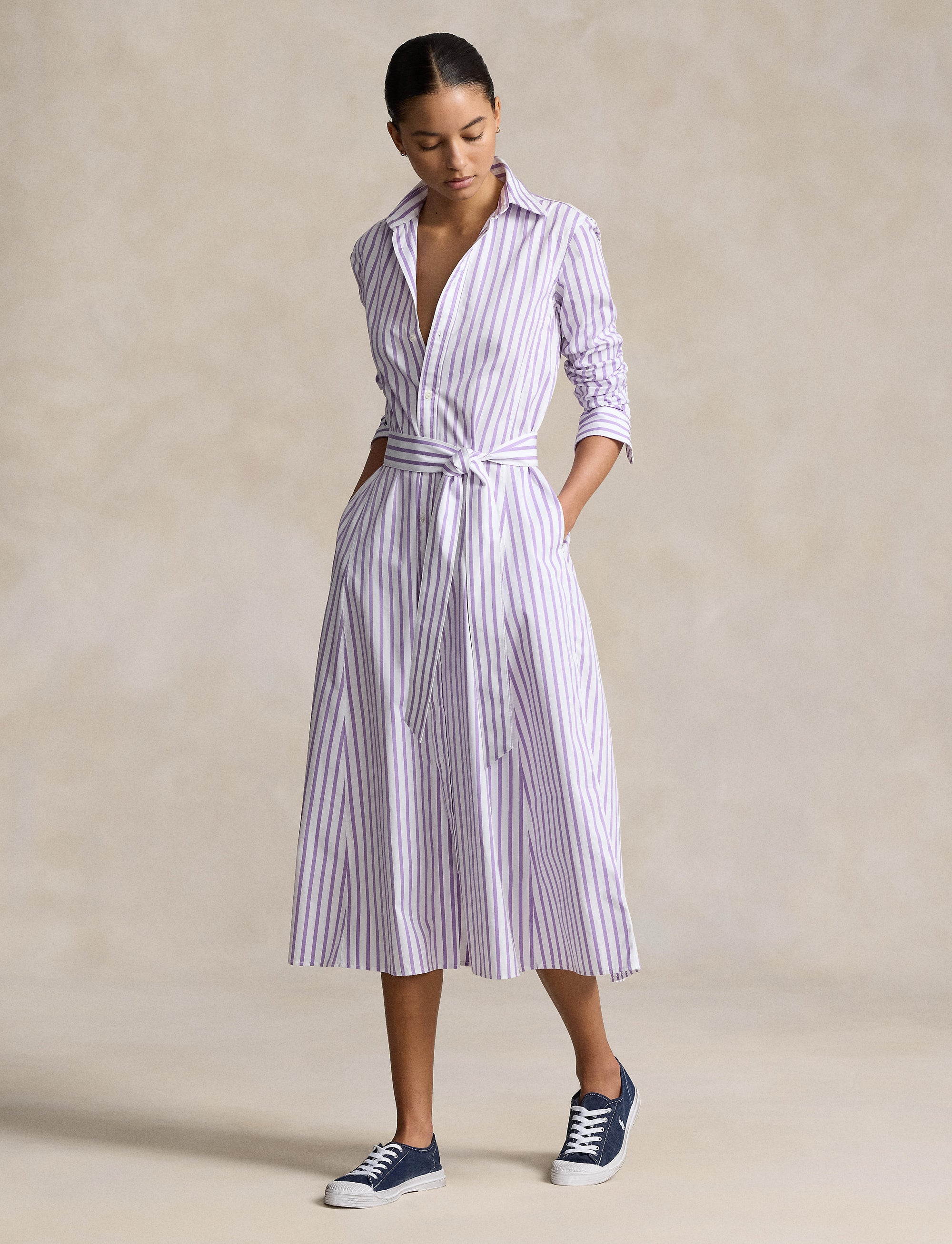 Belted cotton striped shirt-dress - White & Purple