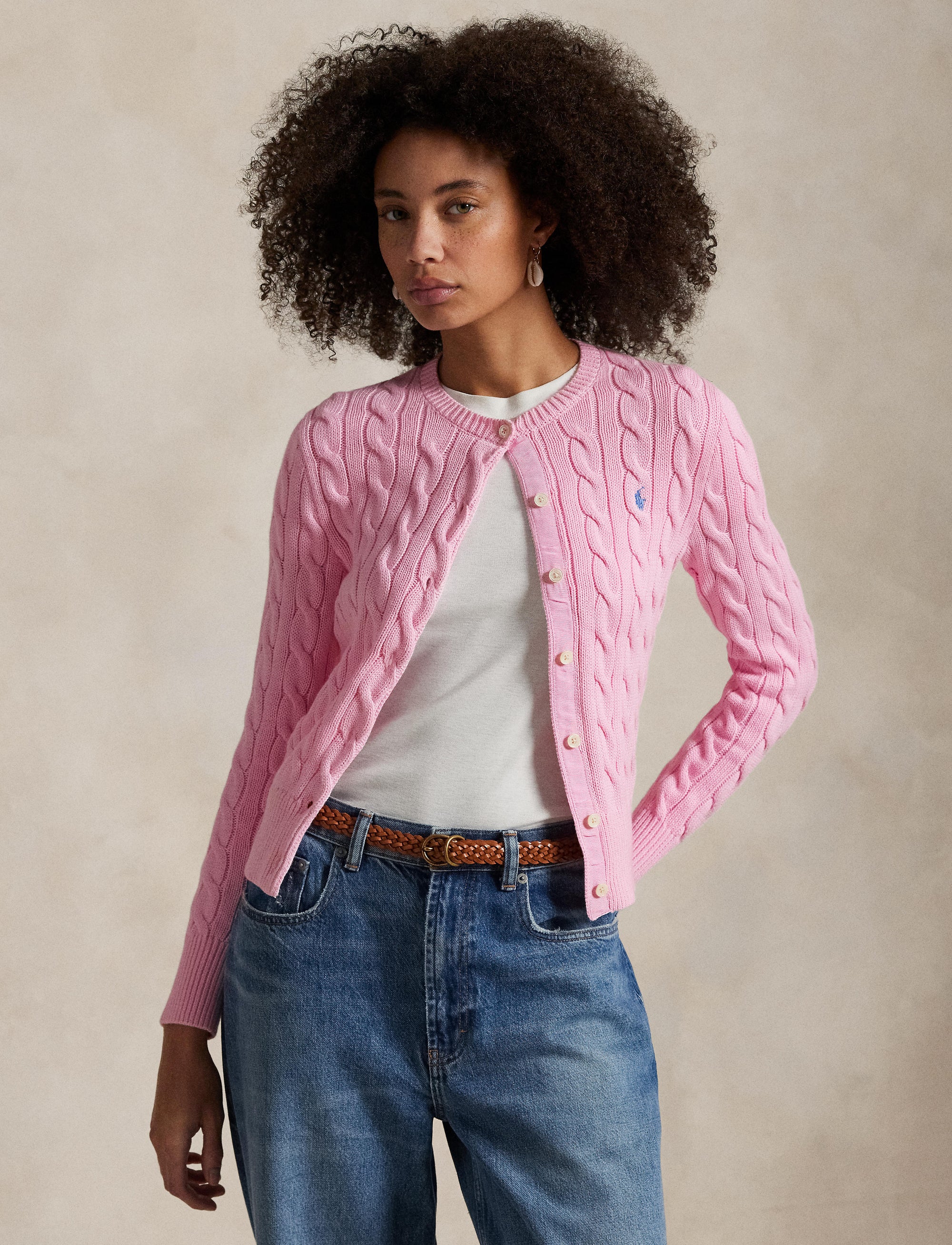 Cardigan torsadé à col rond en coton - Carmel Pink