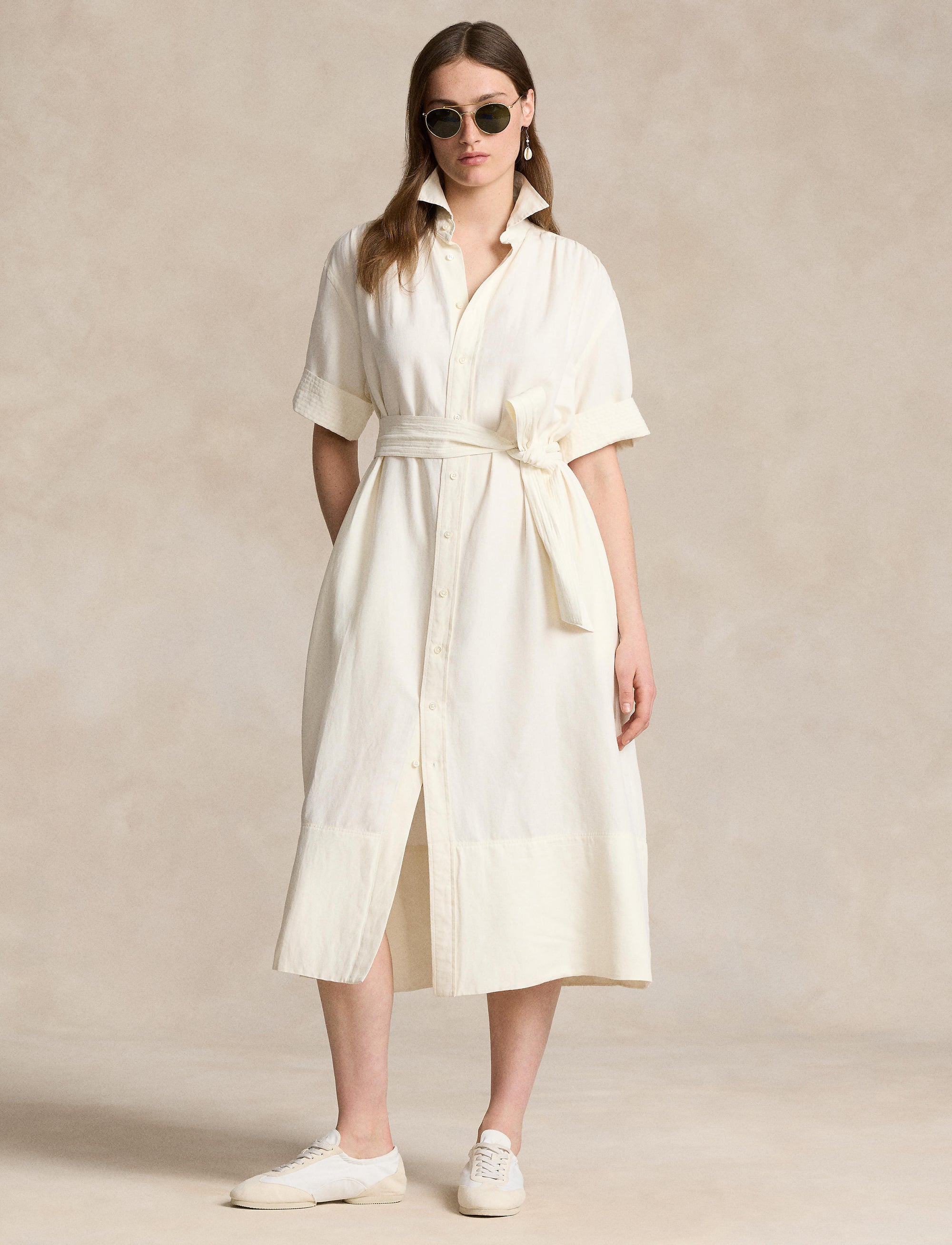 Robe-chemise ceinturée en soie et mélangé - Antique Cream