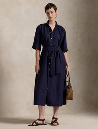 Belted silk and blended shirt-dress - New Navy