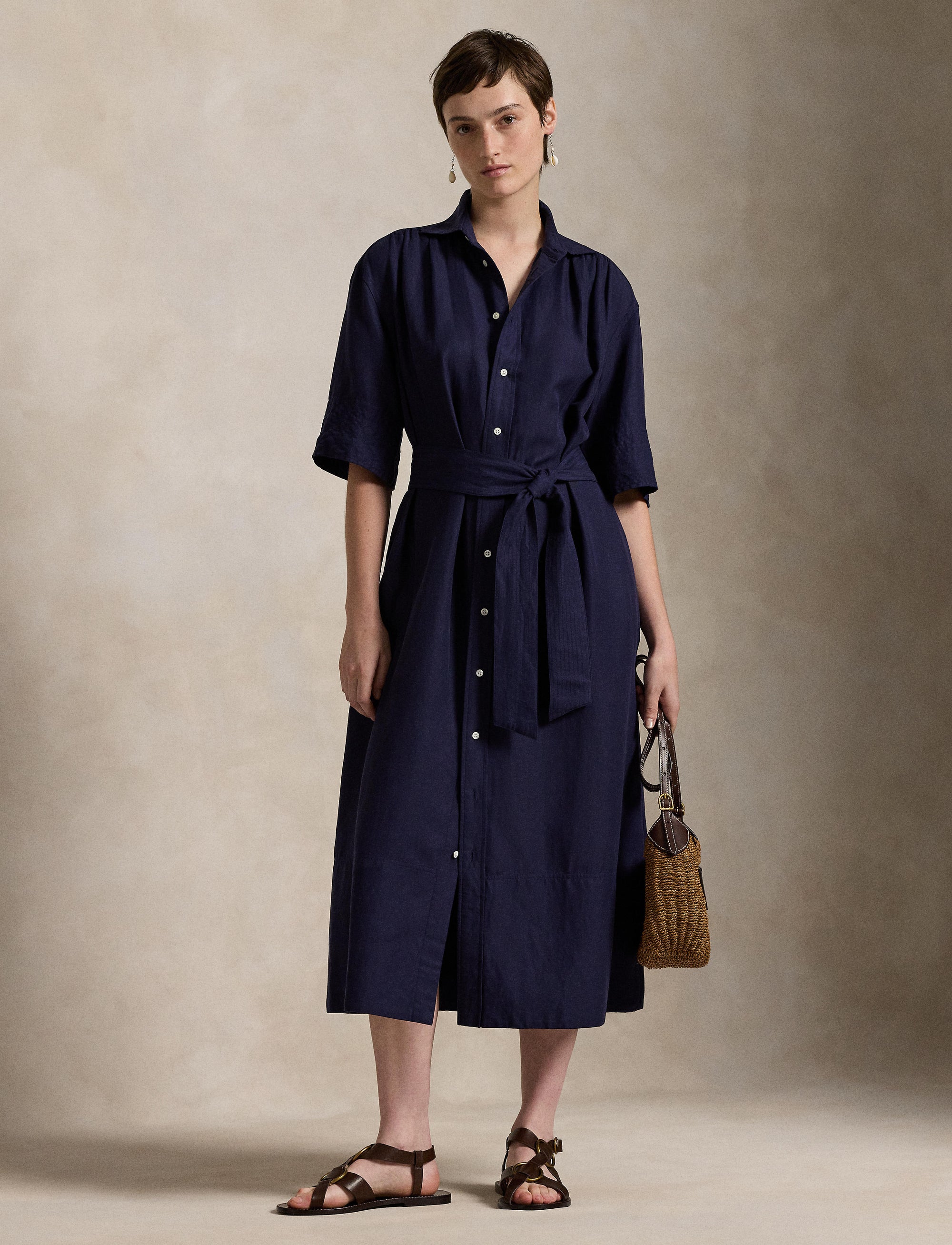 Belted silk and blended shirt-dress - New Navy