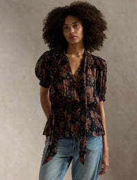 Basque blouse in floral georgette - Sunset Bloom