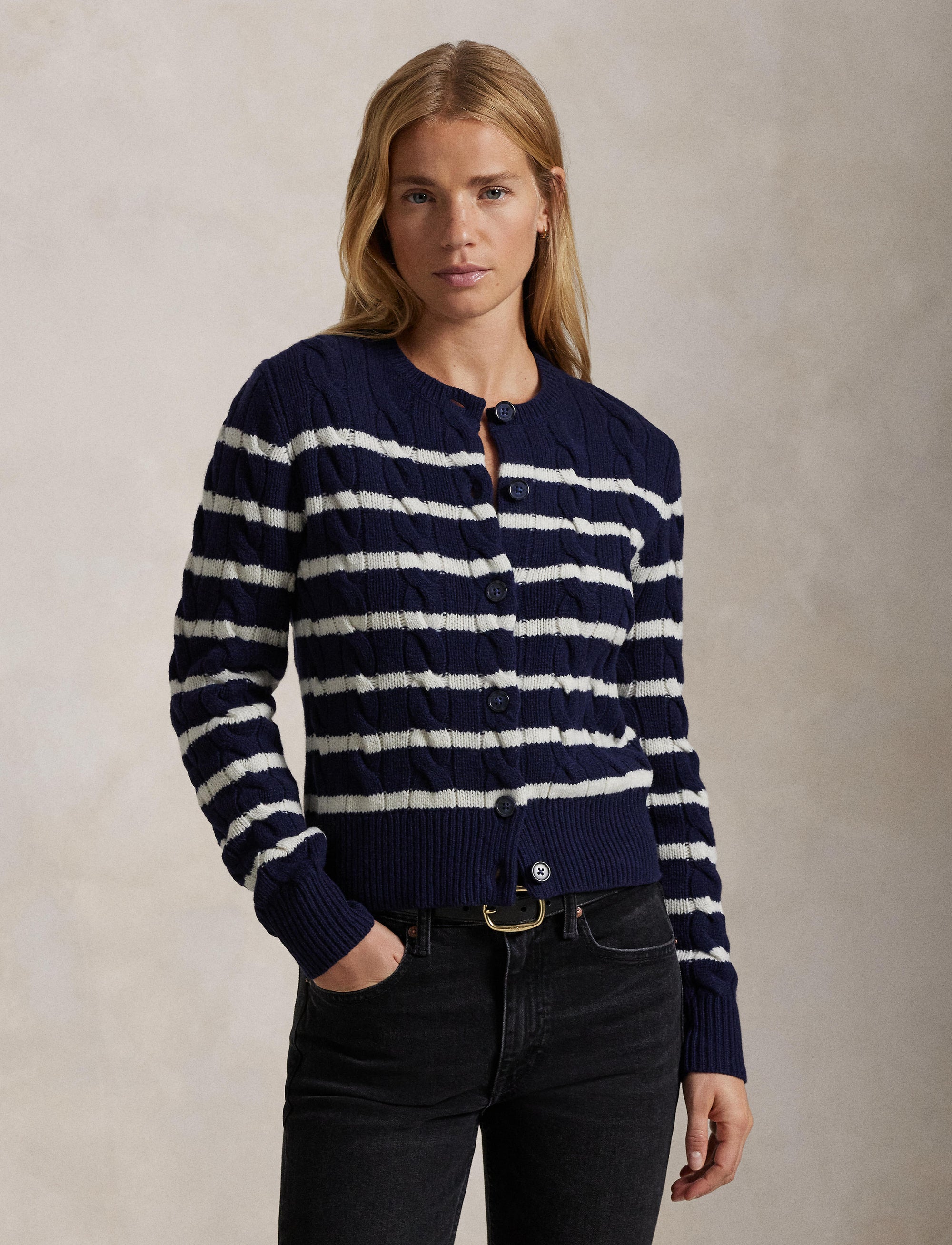 Cardigan rayé torsadé en laine et cachemire mélangé - Hunter Navy & Authentic Cream