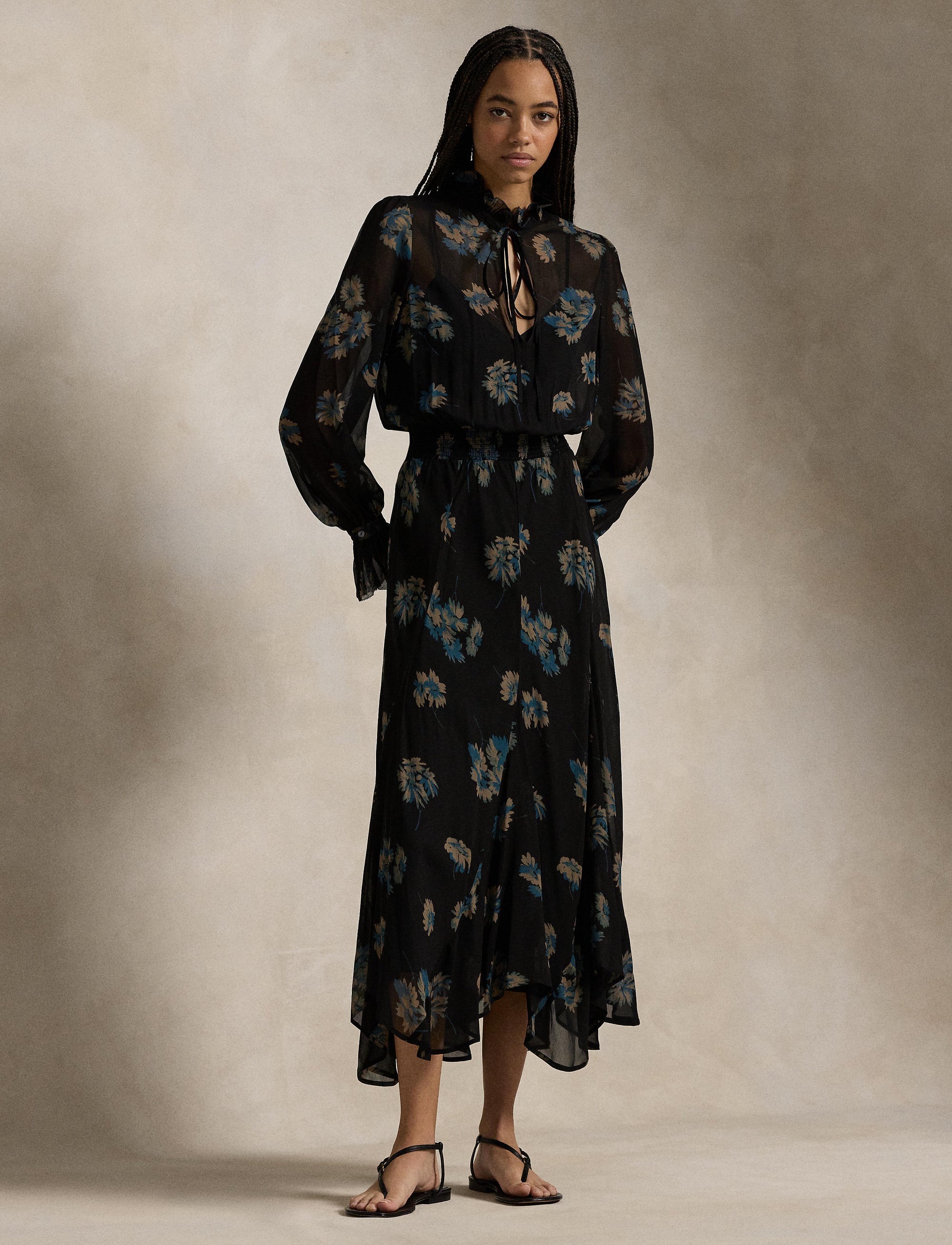 Floral georgette ruffled dress - Midnight Gardenia