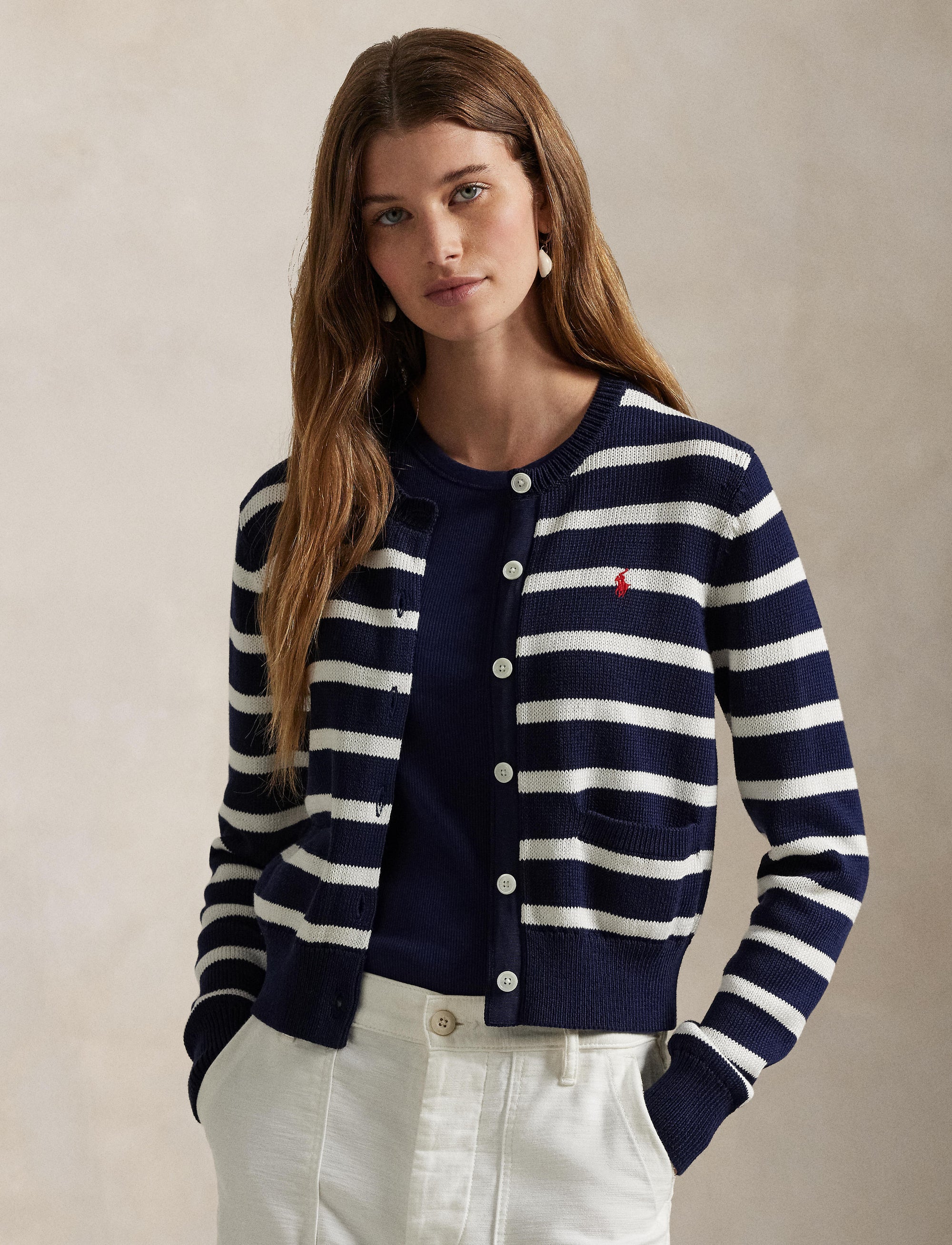 Cardigan rayé à col rond en coton - Navy, White & Multicolore