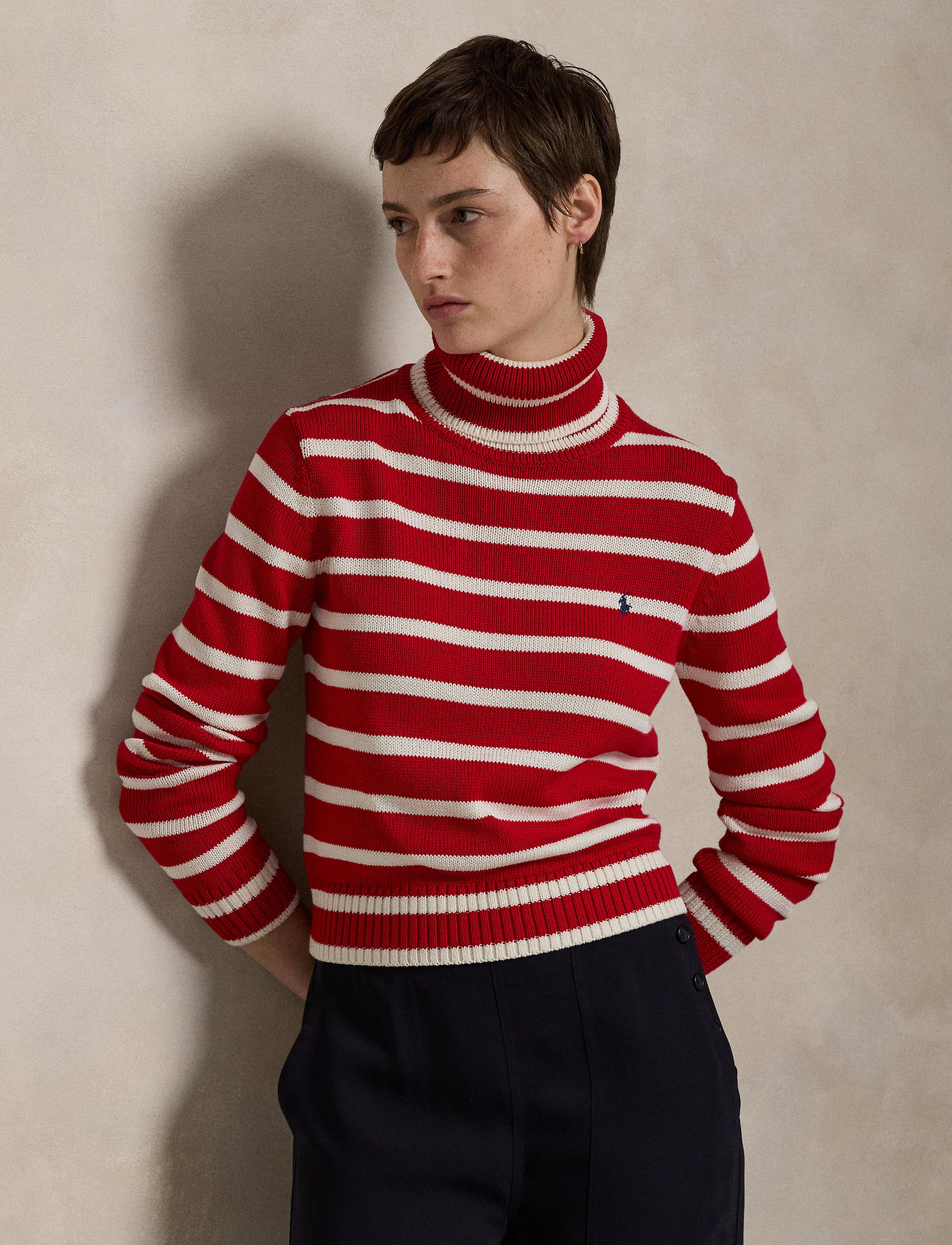 Pull col roulé rayé en coton - Red & Multicolore