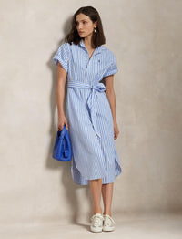 Robe-chemise ceinturée en coton rayé  - Blue & White Stripe