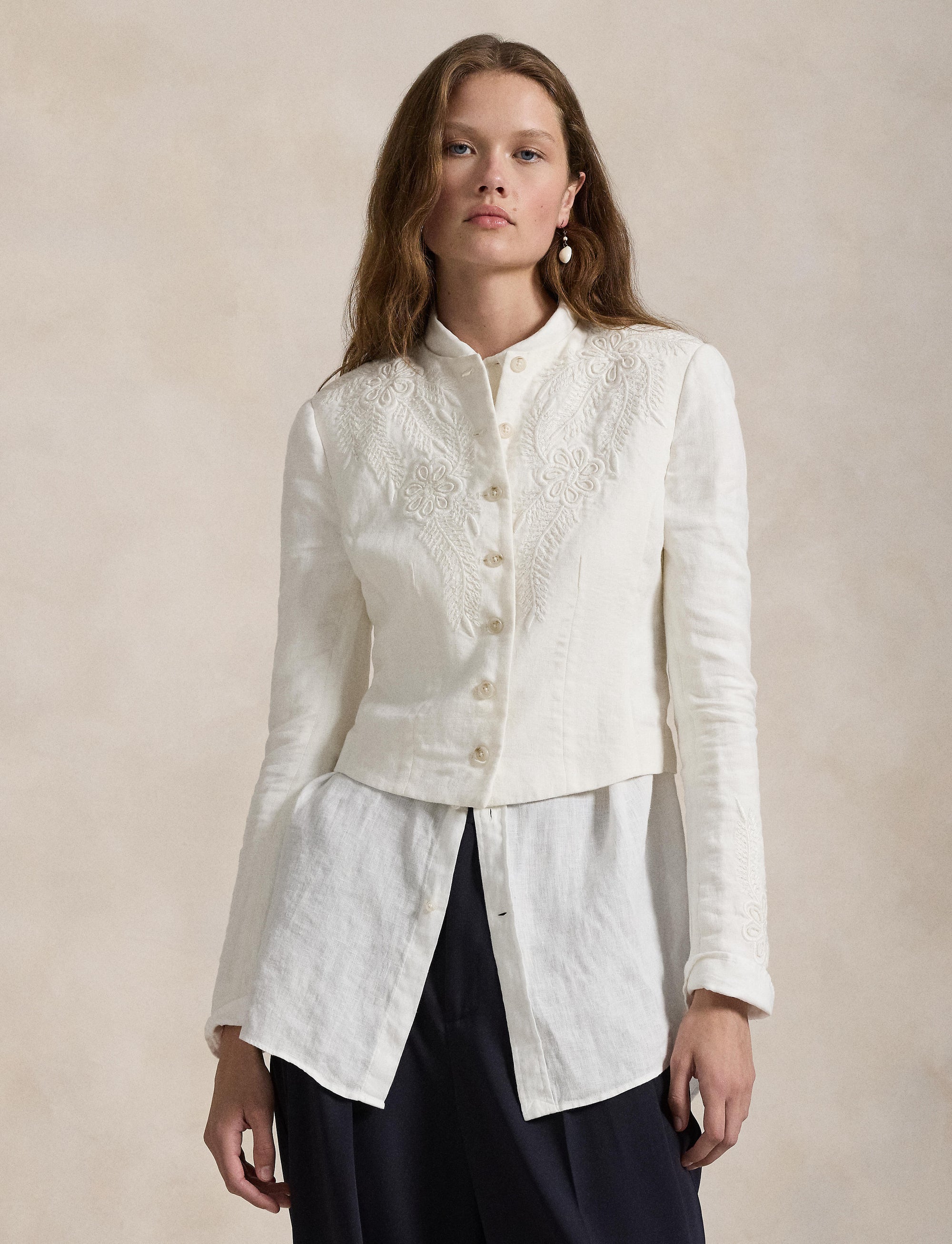 Veste à broderie fleurie en lin - Cream