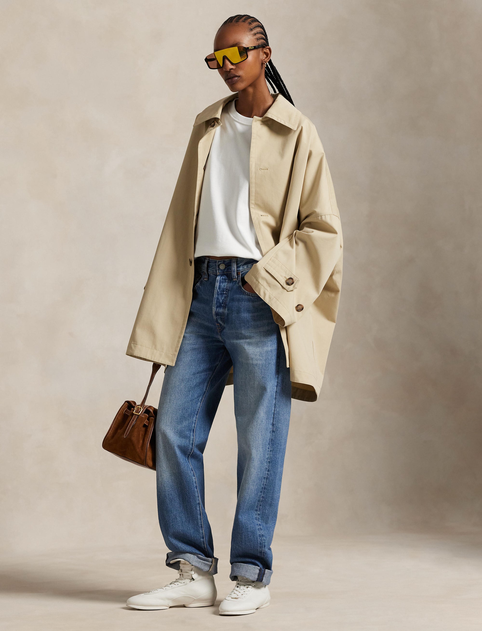 Oversize Fit Cotton Twill Coat - Tan