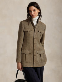 Linen and silk blend herringbone mock neck jacket - Brown & Cream Herringbone