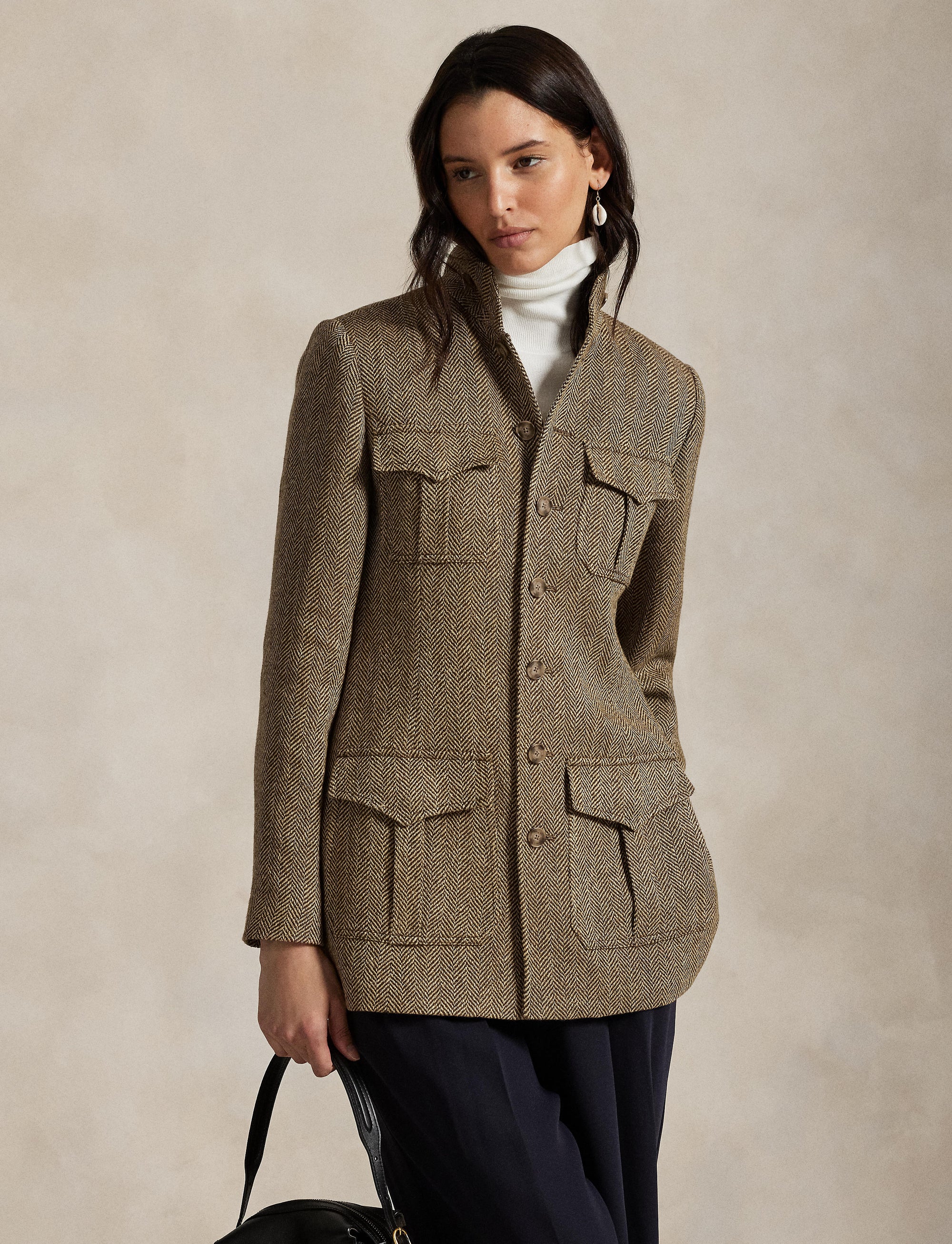 Linen and silk blend herringbone mock neck jacket - Brown & Cream Herringbone