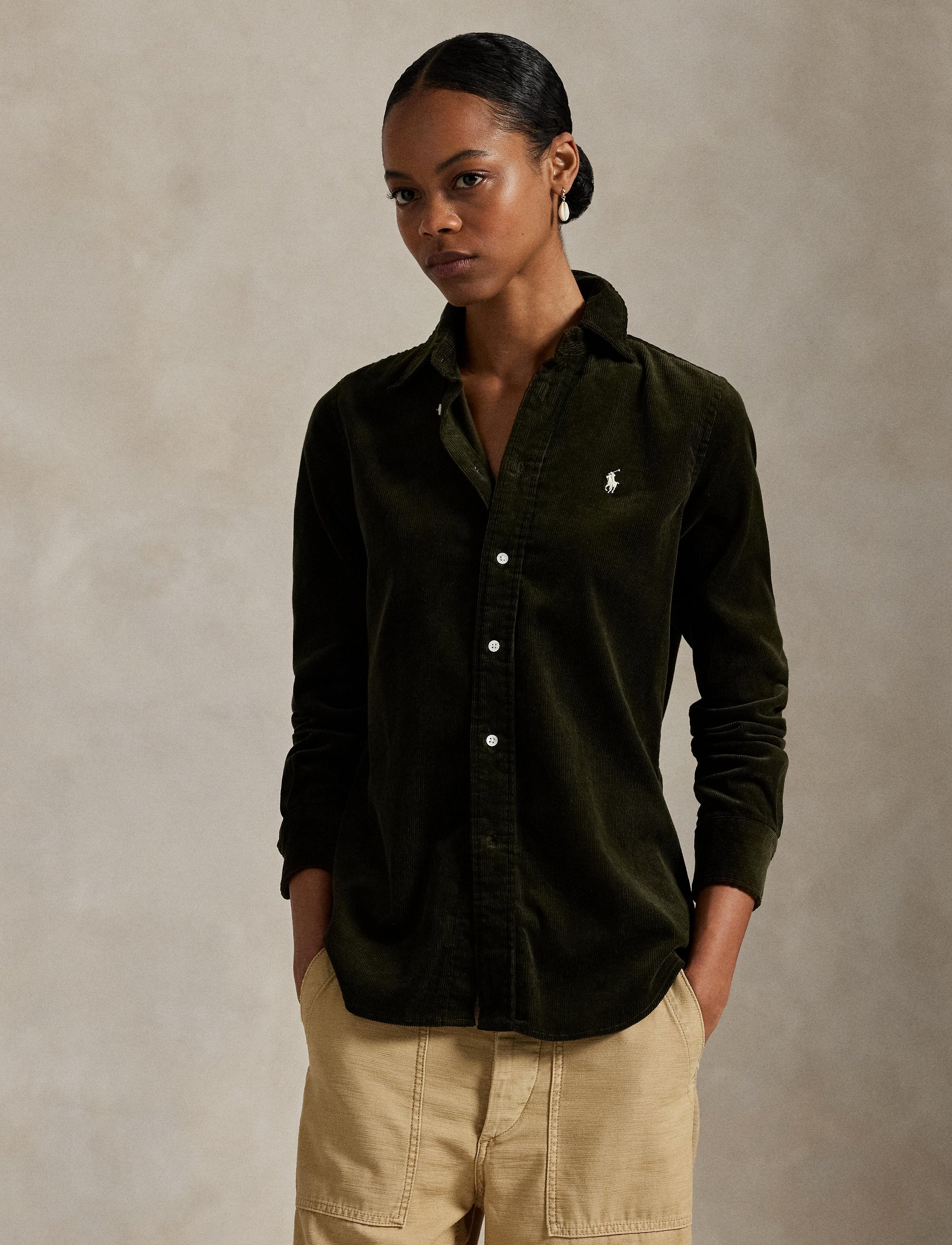 Slim Fit Cotton Velour Shirt - Olive
