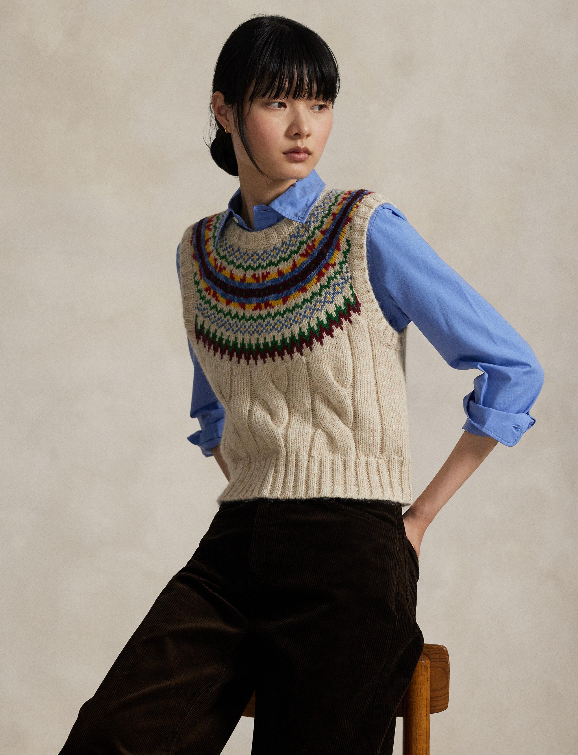 Tank jumper with Fair Isle yoke - Tan & Multicolour