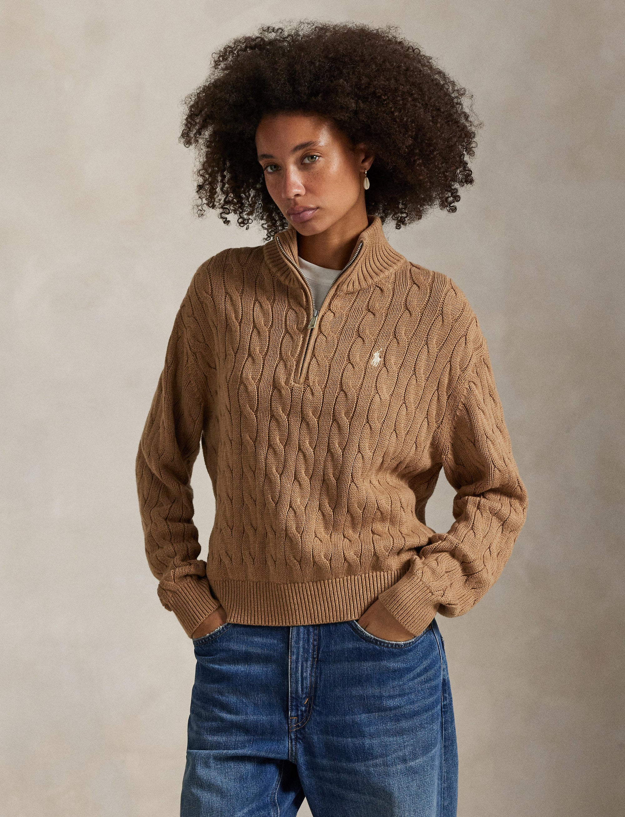 Pull demi-zippé et torsadé en coton - Collection Camel Melange