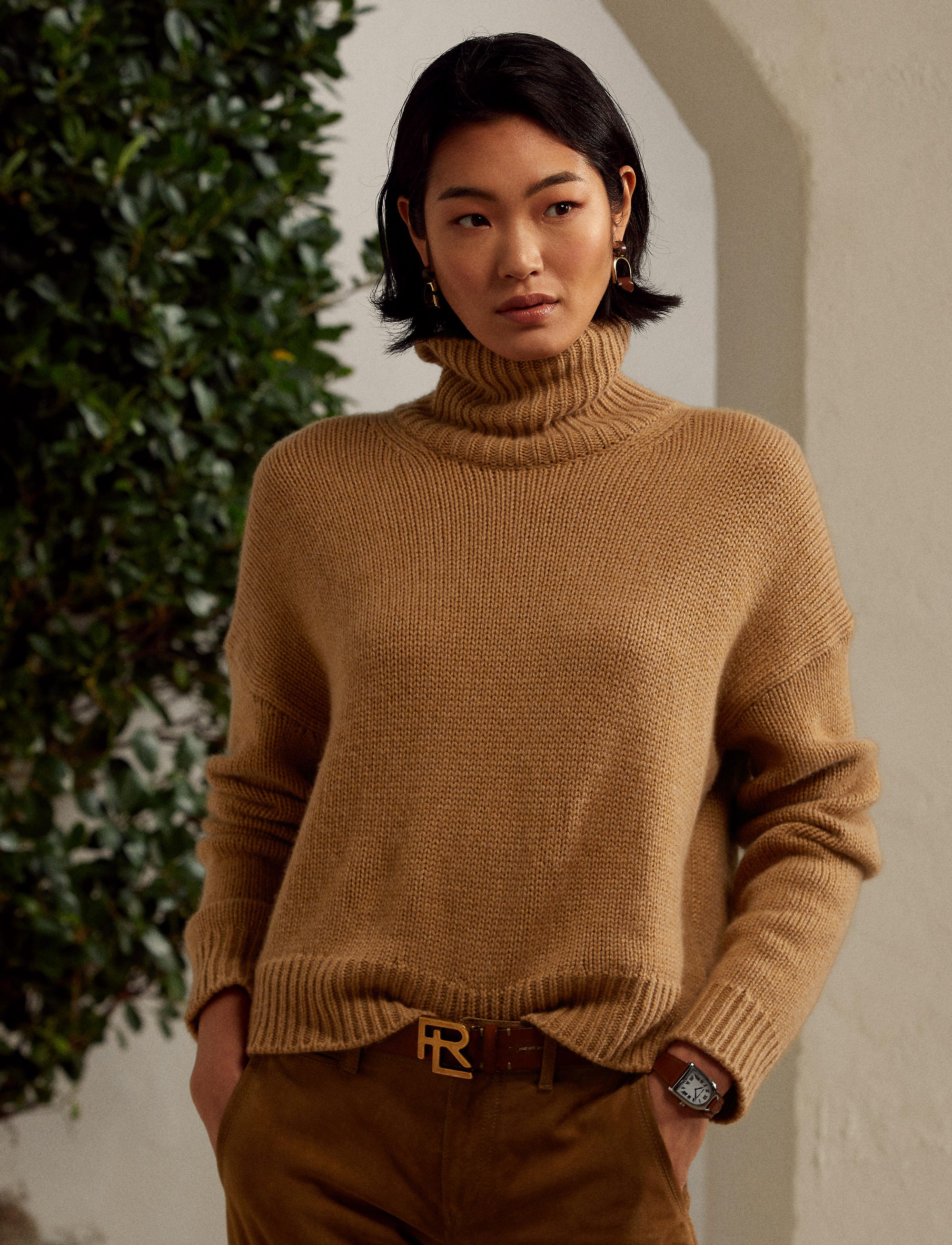 Long-sleeved cashmere turtleneck jumper - Camel Melange