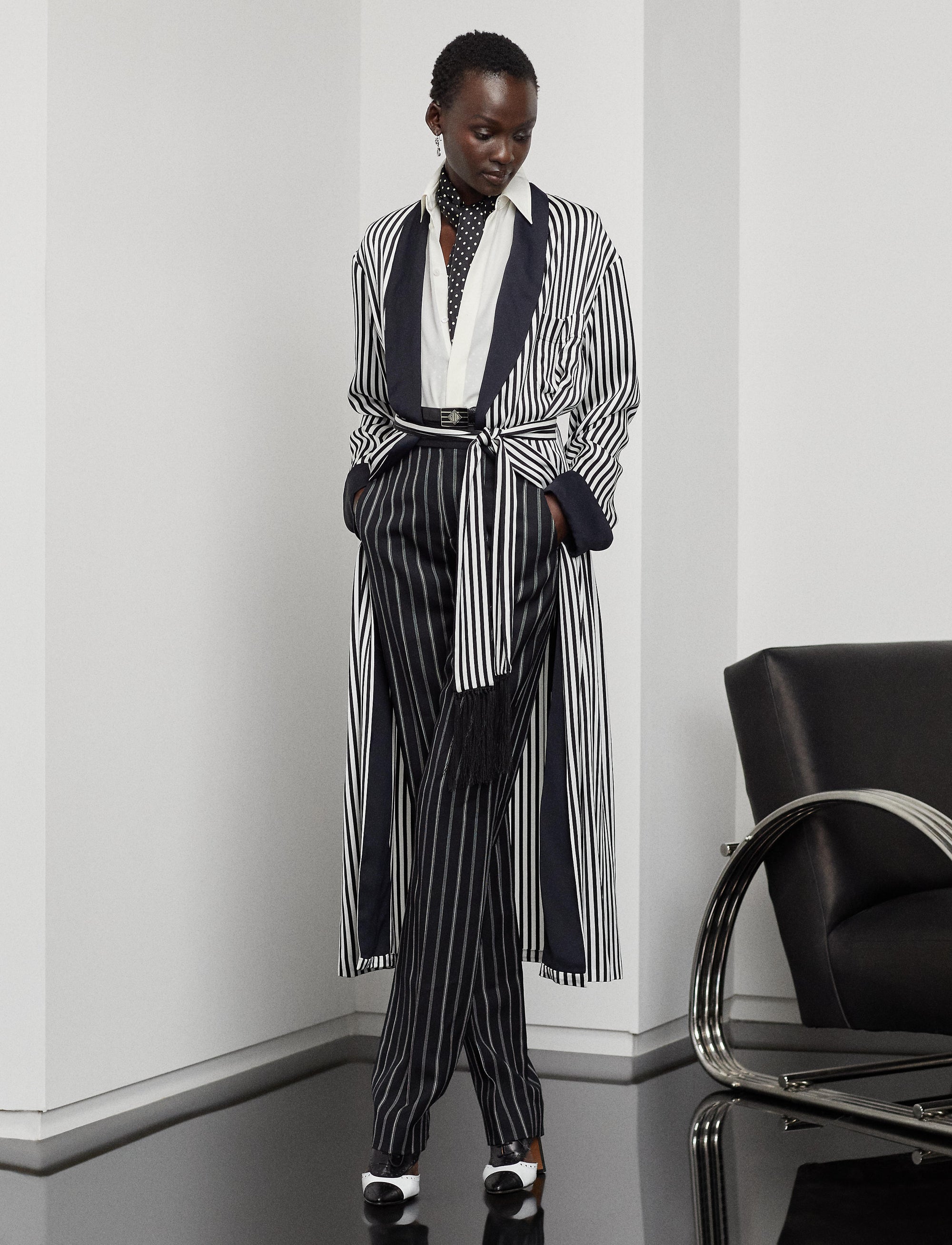 Pantalon Alaina en laine milleraies - Black & Cream