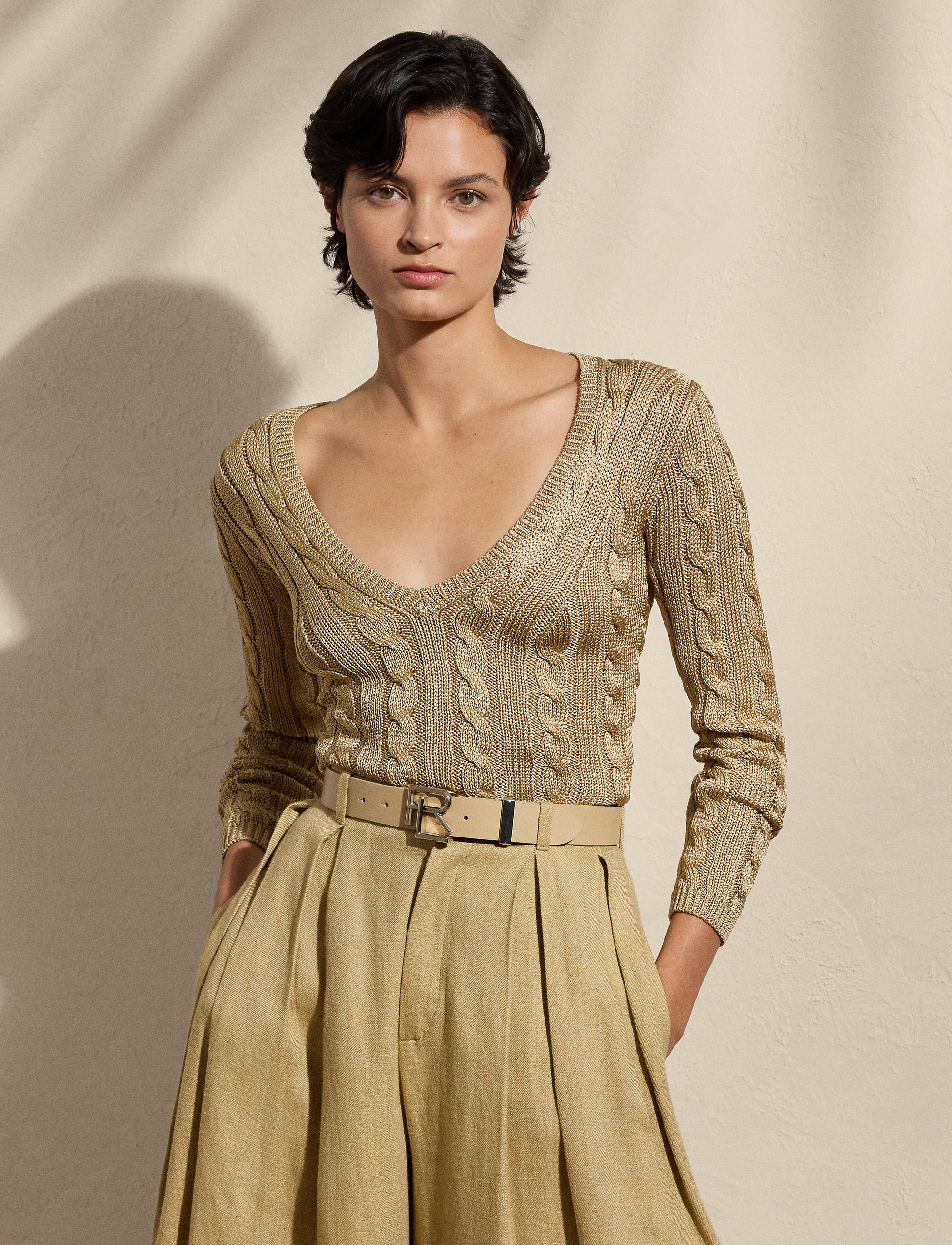 Pull col en V torsadé en soie - Lux Tan
