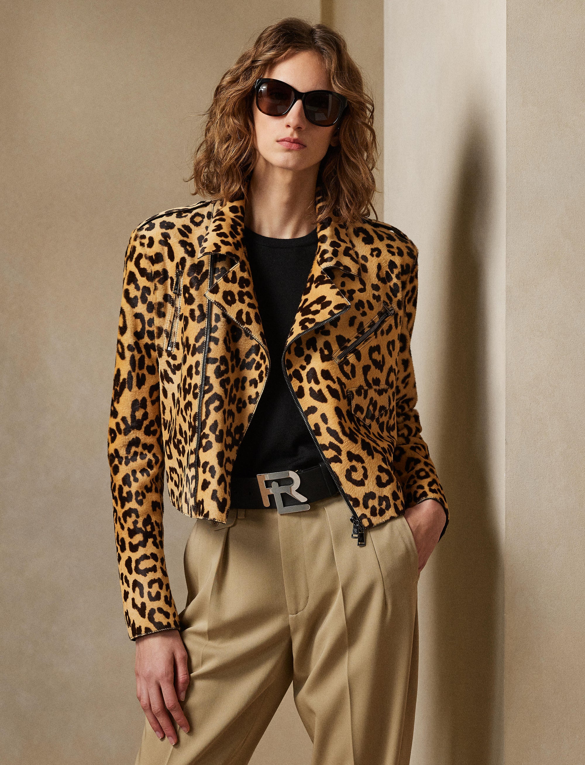 Veste Bevelyn motif léopard en cuir - Tan, Black & Cream